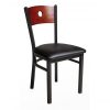 black steel chair with circle wood back and upholstered seat